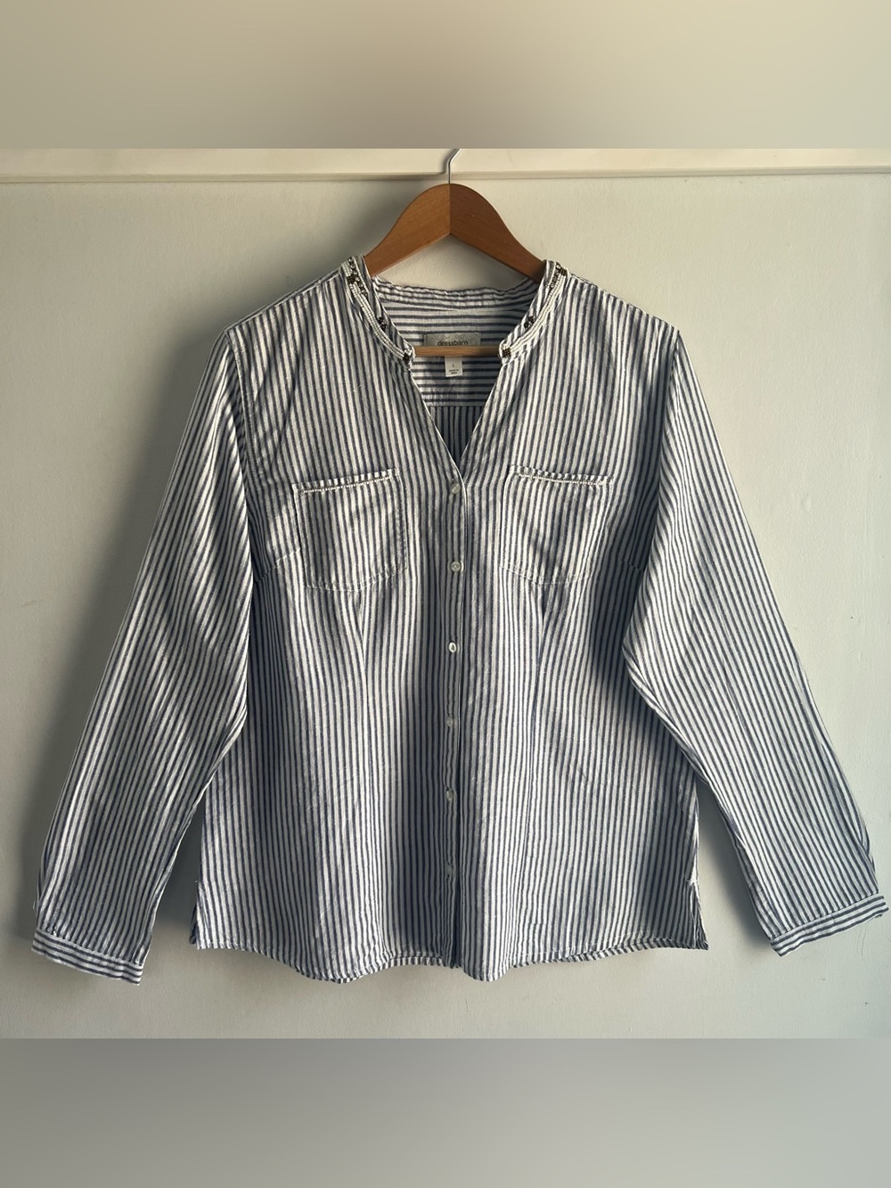 Dressbarn Women’s L Large Striped Beaded Collar Split Neck Long Sleeve Blouse